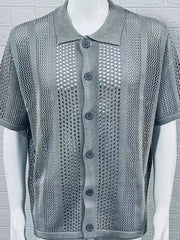 Gray open-knit resort shirt with short sleeves and button front