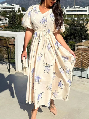 V-neck Midi Dress in Tan, close-up detail