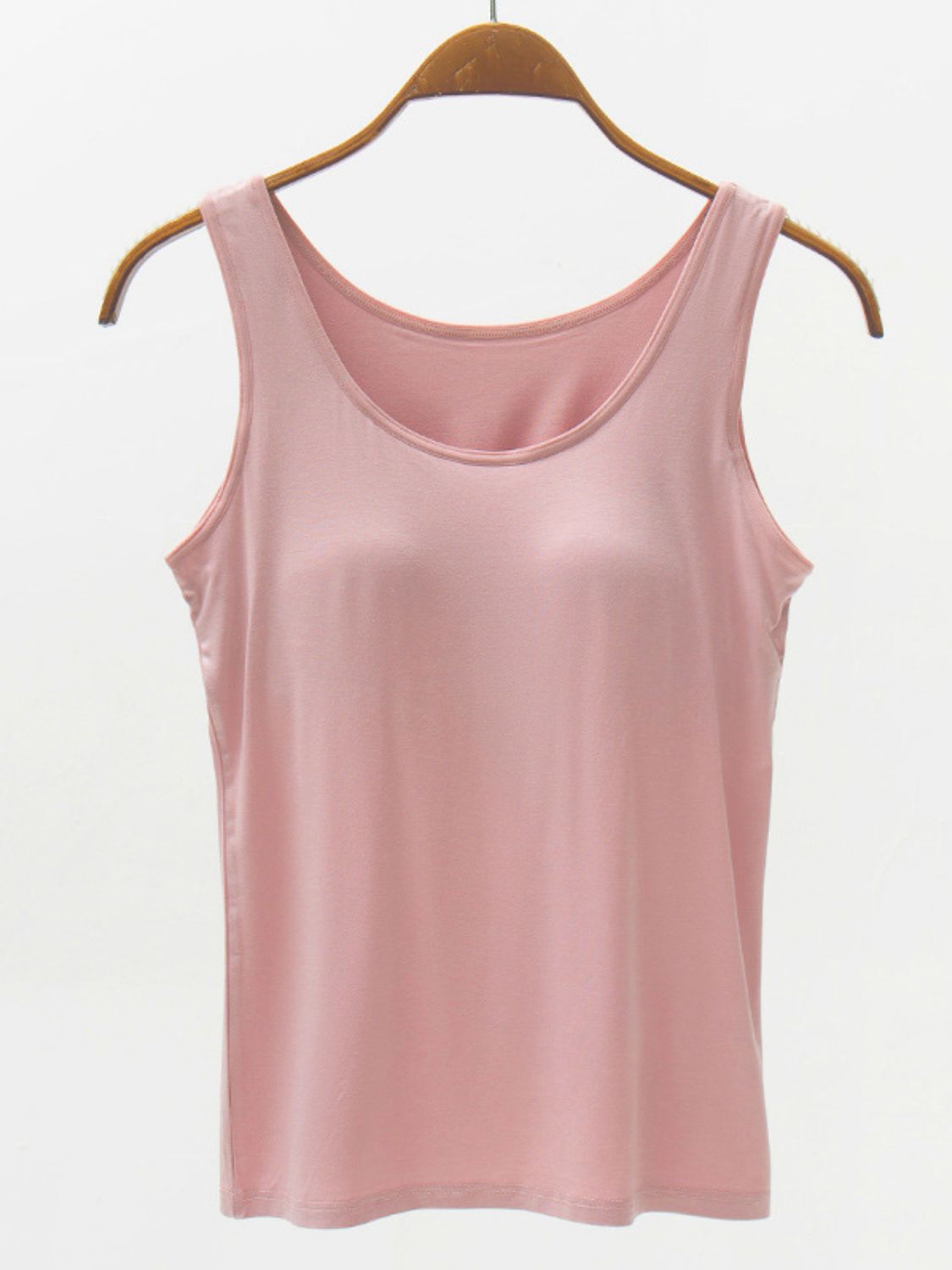 Dusty pink modal tank top with scoop neckline and built-in support.
