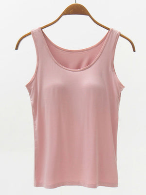 Dusty pink modal tank top with scoop neckline and built-in support.