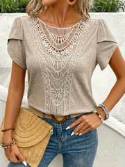 Beige lace trim petal sleeve top with cutout neckline detail.
