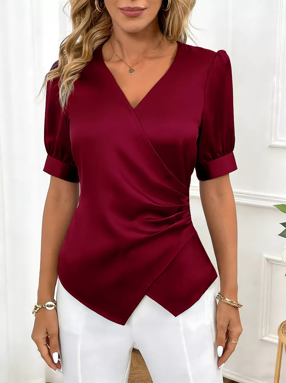 Burgundy satin surplice v-neck blouse with ruched side detail and puff sleeves