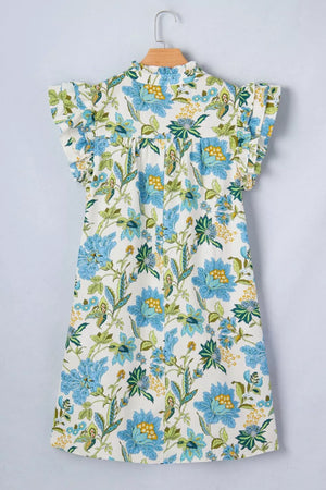 Cotton floral mini dress with ruffled sleeves and a high neckline.