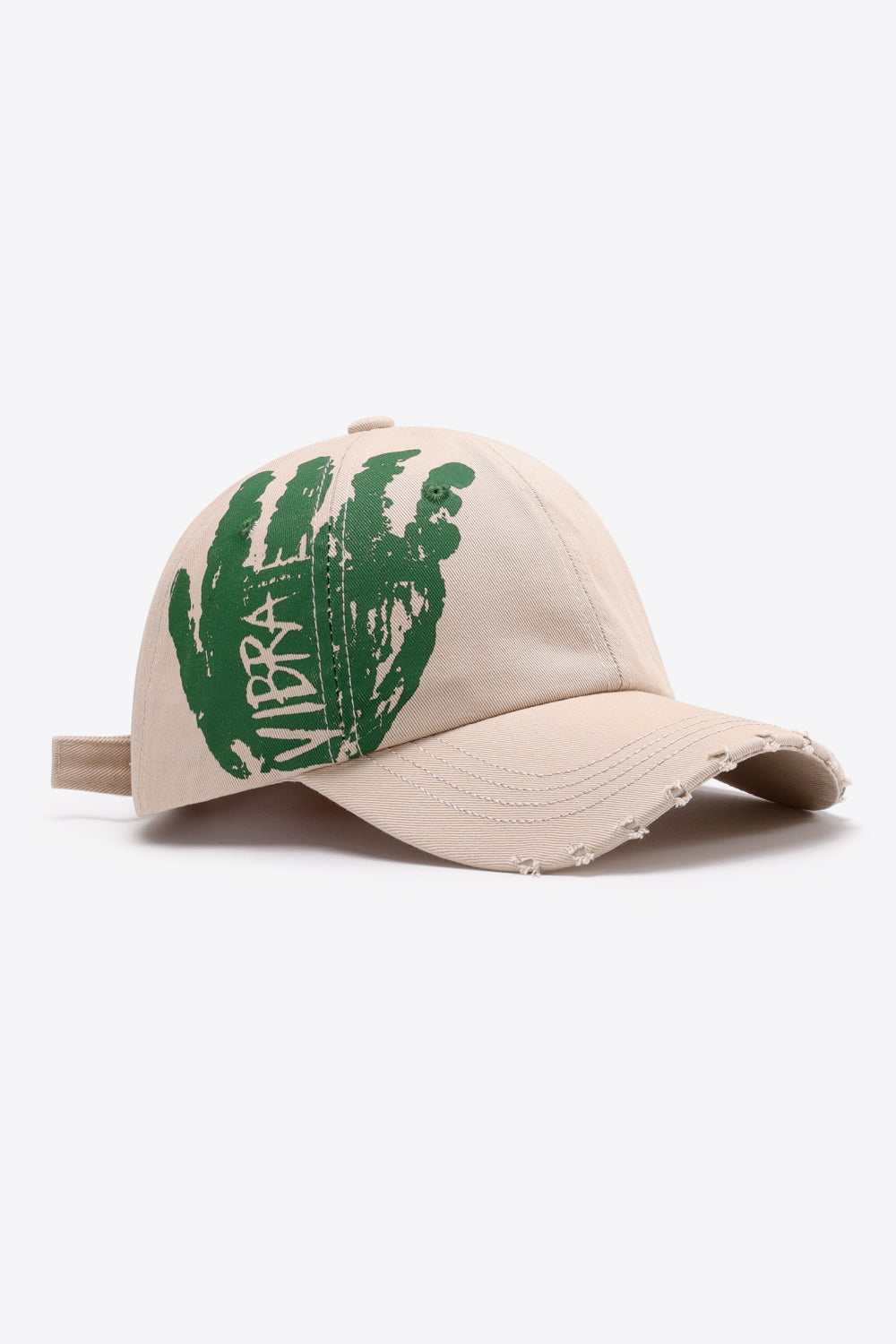 Sand baseball cap with distressed brim and green VIBRA hand graphic