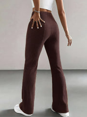 Brown ribbed high waist flare pants with a comfortable knit texture.