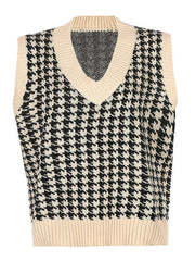 Houndstooth knit v-neck tank top in black and beige with ribbed trim.