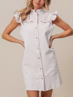 Pink cotton denim dress with ruffled collar, cap sleeves, and button front.