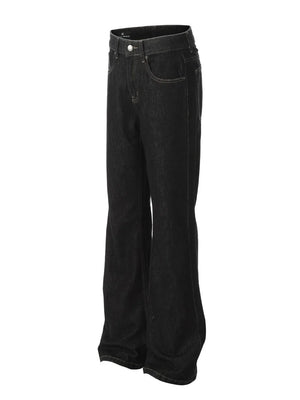 Dark wash denim jeans with pockets and a relaxed fit