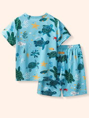 Toddler tee and shorts set with sea creature print, featuring turtles, fish, and starfish on a light blue background.