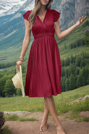 Deep Red pleated flutter sleeve midi dress with smocked waist and V-neck