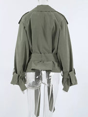 Lapel Collar Belted Cropped Trench in Moss, fit detail