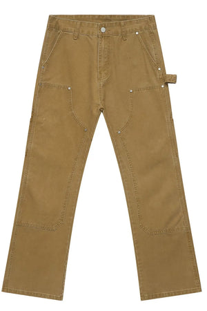 Khaki wide leg carpenter pants with utility pockets and reinforced knees.