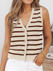 Button-front knit top in tan and brown stripes with a V-neck and gold buttons.