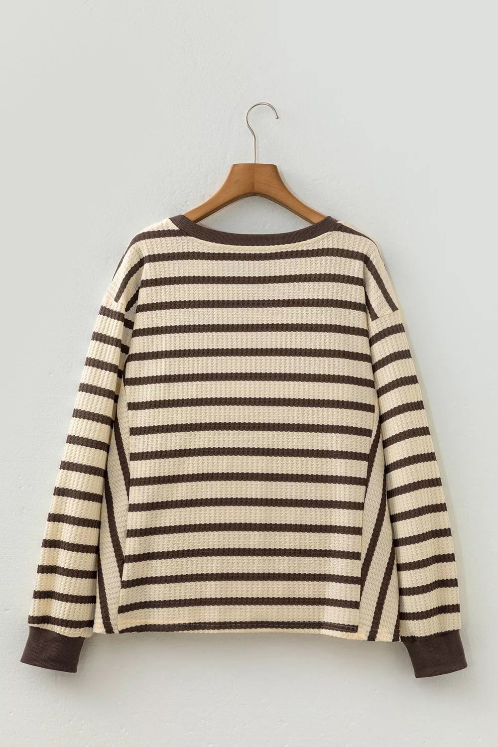 Stripe Patchwork Ribbed Cuff Pullover Sweatshirt in Beige, fit detail