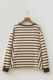 Stripe Patchwork Ribbed Cuff Pullover Sweatshirt in Beige, fit detail