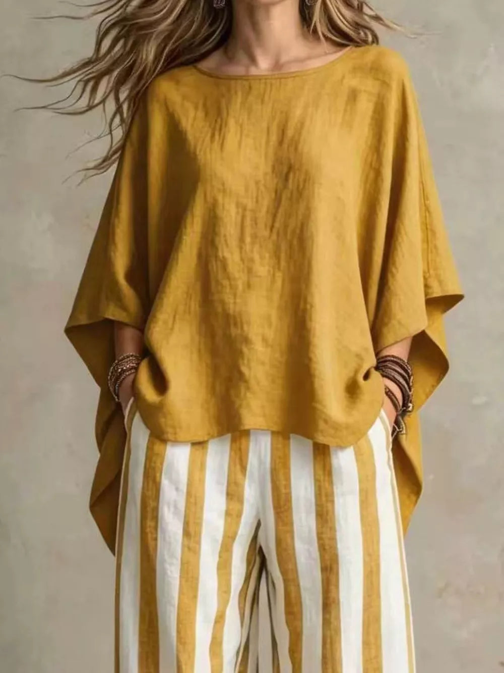 Solid Color Top And Pants Two-piece Set Plus Size, fabric detail