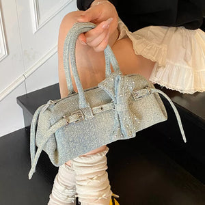 Denim Bow Accent Crossbody Bag in Blue, model styling view