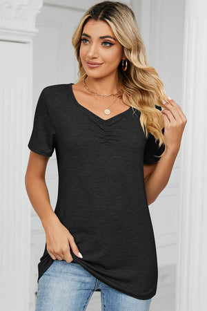 Black ruched V-neck jersey tee with short sleeves.