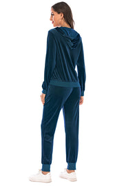 Peacock blue velvet loungewear set with hooded jacket and cuffed pants