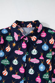 Navy blue loungewear set with festive bauble print, featuring a collared neckline and button-up front.
