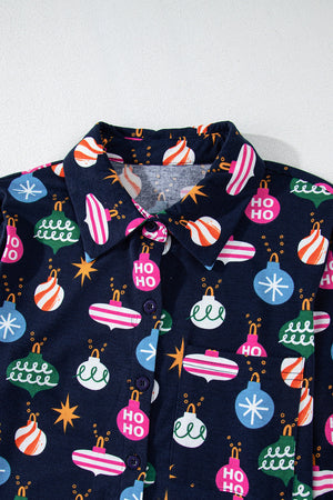 Navy blue loungewear set with festive bauble print, featuring a collared neckline and button-up front.