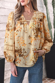 Paisley Print V Neck Shift Blouse in Pastel Yellow, close-up detail