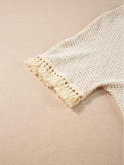 Cream waffle knit set with fringe trim detail