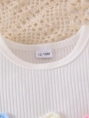 Children's Ruffled Flower Top And Denim Shorts Set in White, close-up detail