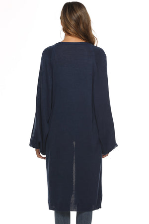 Dark blue oversized sleeve maxi knit cardigan with a relaxed fit.