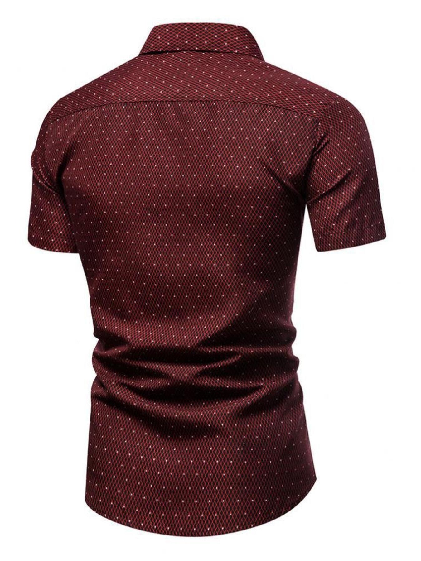 Men's burgundy slim fit short sleeve shirt with white dot pattern