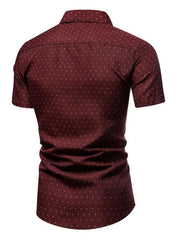 Men's burgundy slim fit short sleeve shirt with white dot pattern