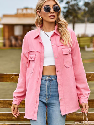 Frayed edge overshirt in carnation pink with patch pockets and button front.