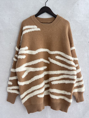 Tan textured stripe knit crewneck sweater with fuzzy white stripes