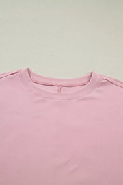 Pink maternity t-shirt with crew neck and lace sleeves detail