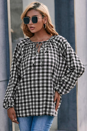 Black and white gingham blouse with gathered neckline and tie detail, balloon sleeves