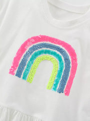 White cotton baby girls' top with a rainbow sequin design