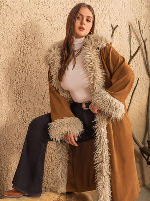 Bohemian caramel faux fur trimmed duster wrap coat