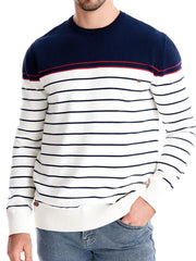 Nautical stripe crewneck sweater with navy block top and red trim