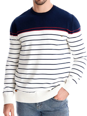 Nautical stripe crewneck sweater with navy block top and red trim
