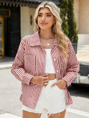 Scarlet striped oversized shirt with button front and chest pockets.