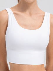 White scoop neck performance crop top with wide band