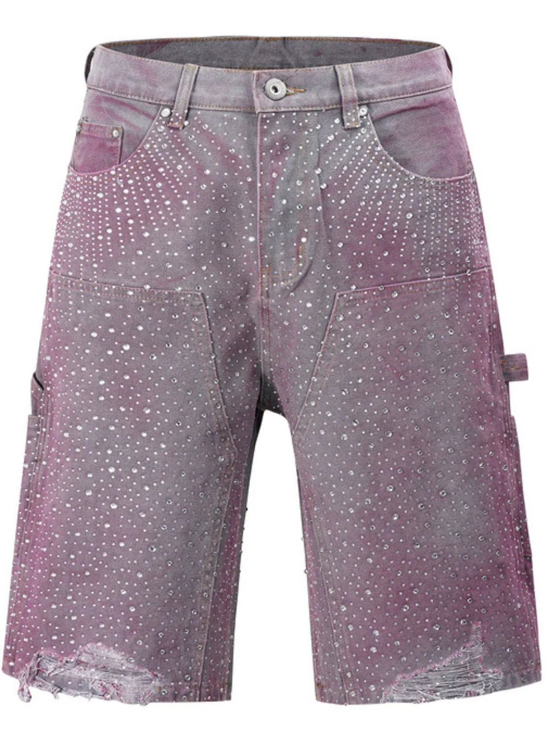 Crystal Burst Denim Bermuda Shorts in faded pink with allover rhinestones and distressed hem.