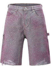Crystal Burst Denim Bermuda Shorts in faded pink with allover rhinestones and distressed hem.