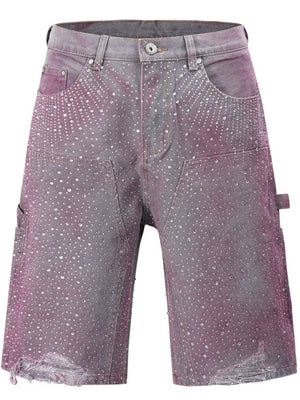 Crystal Burst Denim Bermuda Shorts in faded pink with allover rhinestones and distressed hem.