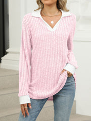 Pink ribbed knit long sleeve t-shirt with white collar and cuffs, V-neck.