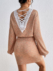 Tan knit mini dress set with lace-up back detail and long sleeves.