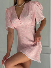 Charming Puff Sleeve Mini Dress With Lace