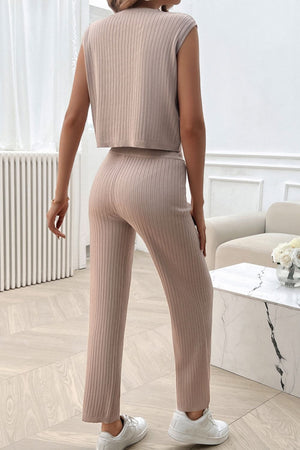 Taupe ribbed knit cropped lounge set with sleeveless top and wide leg pants.