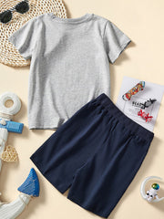 Toddler grey cotton tee and navy elastic waist shorts set.