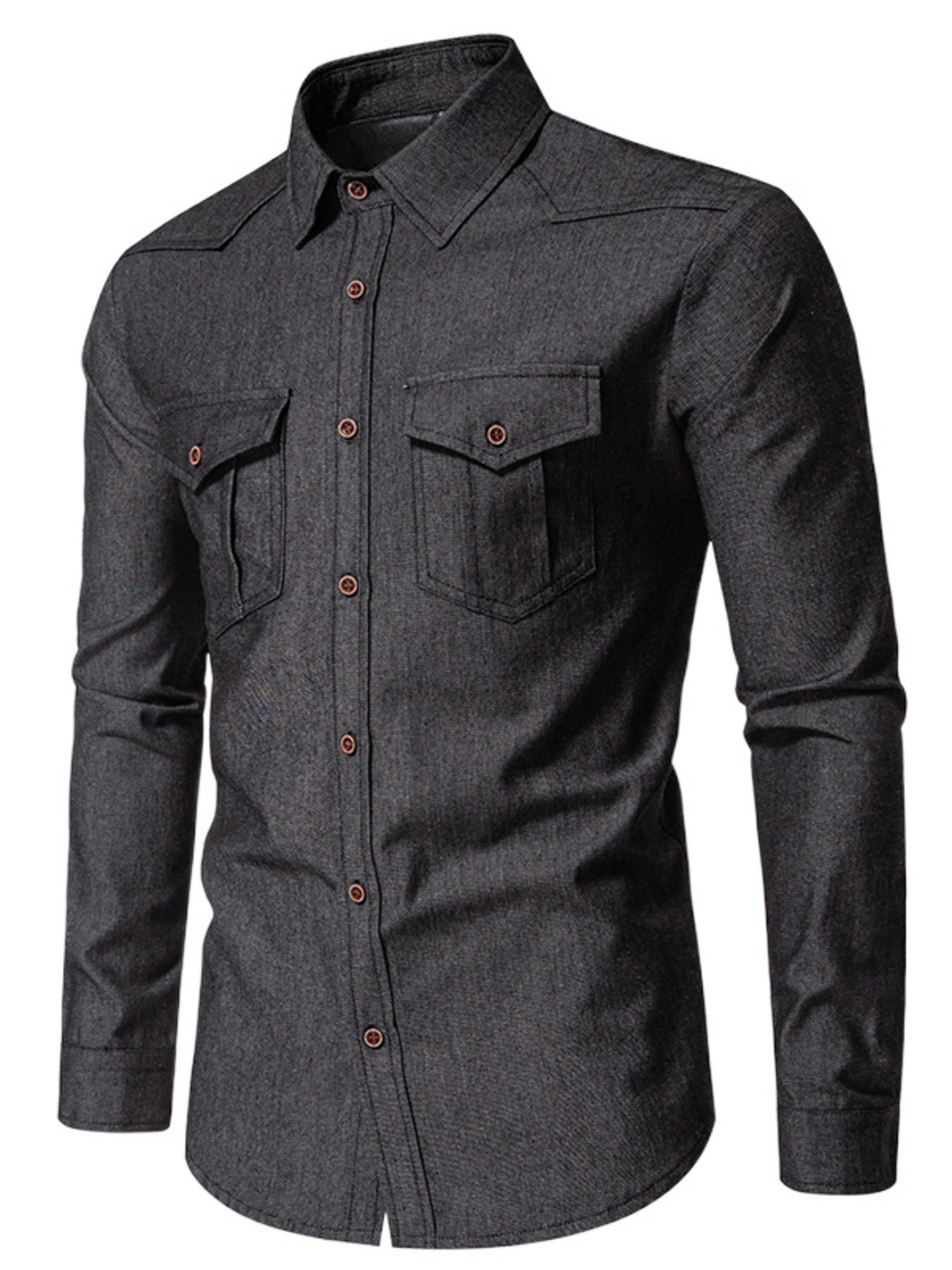 Men's dark gray cotton button-down shirt with two chest pockets and button closures.